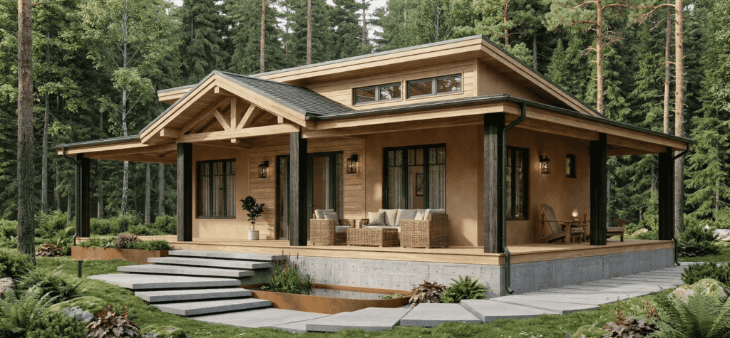 Casa de campo en madera tratada para exteriores, perfectamente integrada en una parcela rústica con olivos a las afueras de Chinchón.