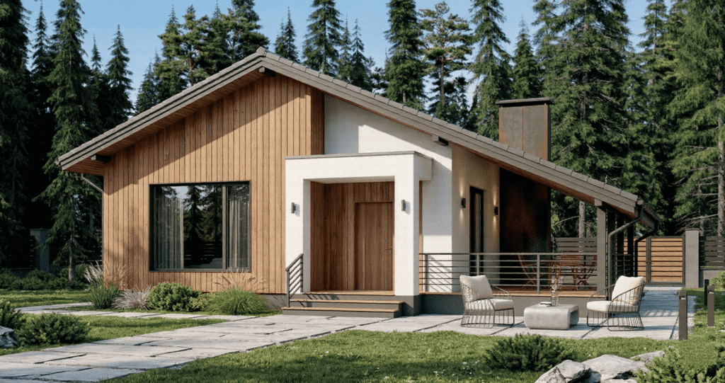 Construcción modular de madera para segunda residencia de verano, adaptada a parcela con gran pendiente cerca del Pantano de San Juan.