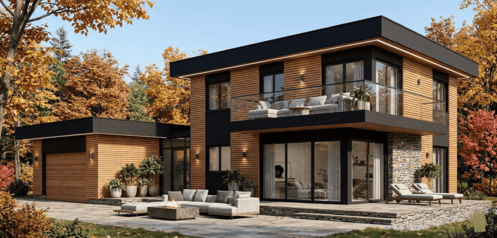 Fachada moderna de primera vivienda en madera certificada Passivhaus con acabados de lujo y paisajismo en El Montecillo.