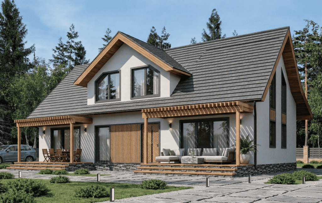 Segunda residencia de madera de abeto nórdico con porche exterior de bajo mantenimiento, integrada en el pinar de Navacerrada.