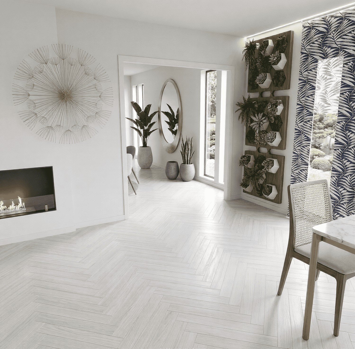 Salón moderno de concepto abierto con suelo radiante de espiga blanca, chimenea bioetanol integrada y jardín vertical interior en vivienda de lujo en Madrid